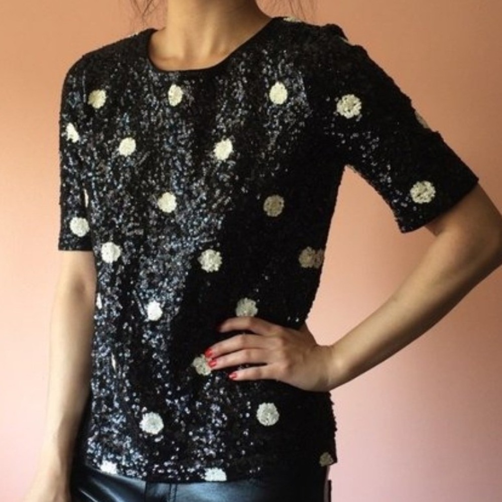 J.Crew Womens Black White‎ Polka Dot Sequin Short Sleeve Top Small